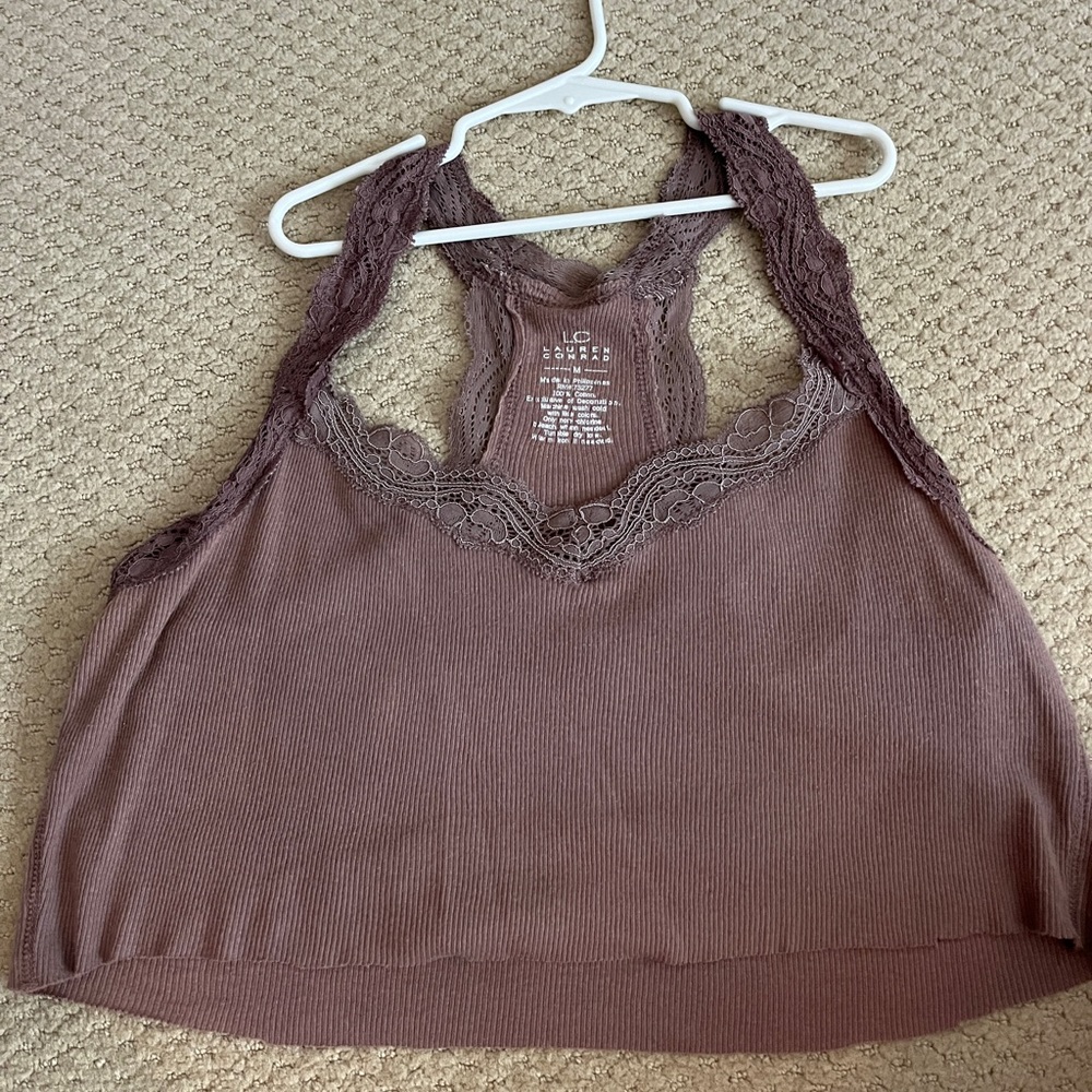 Cropped brown lace racerback tank